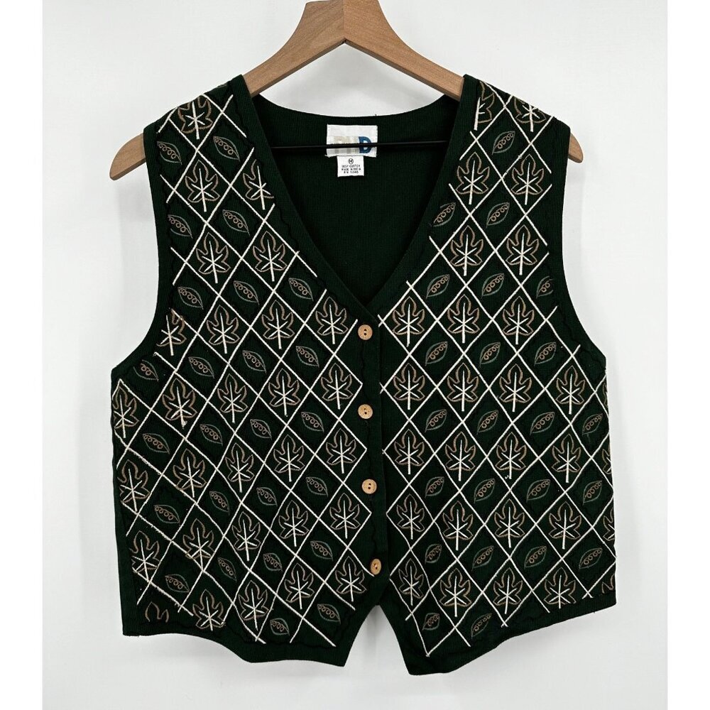 Paul Harris Design Vest Women Medium Green Corduroy Fall Leaves 1990's Vintage